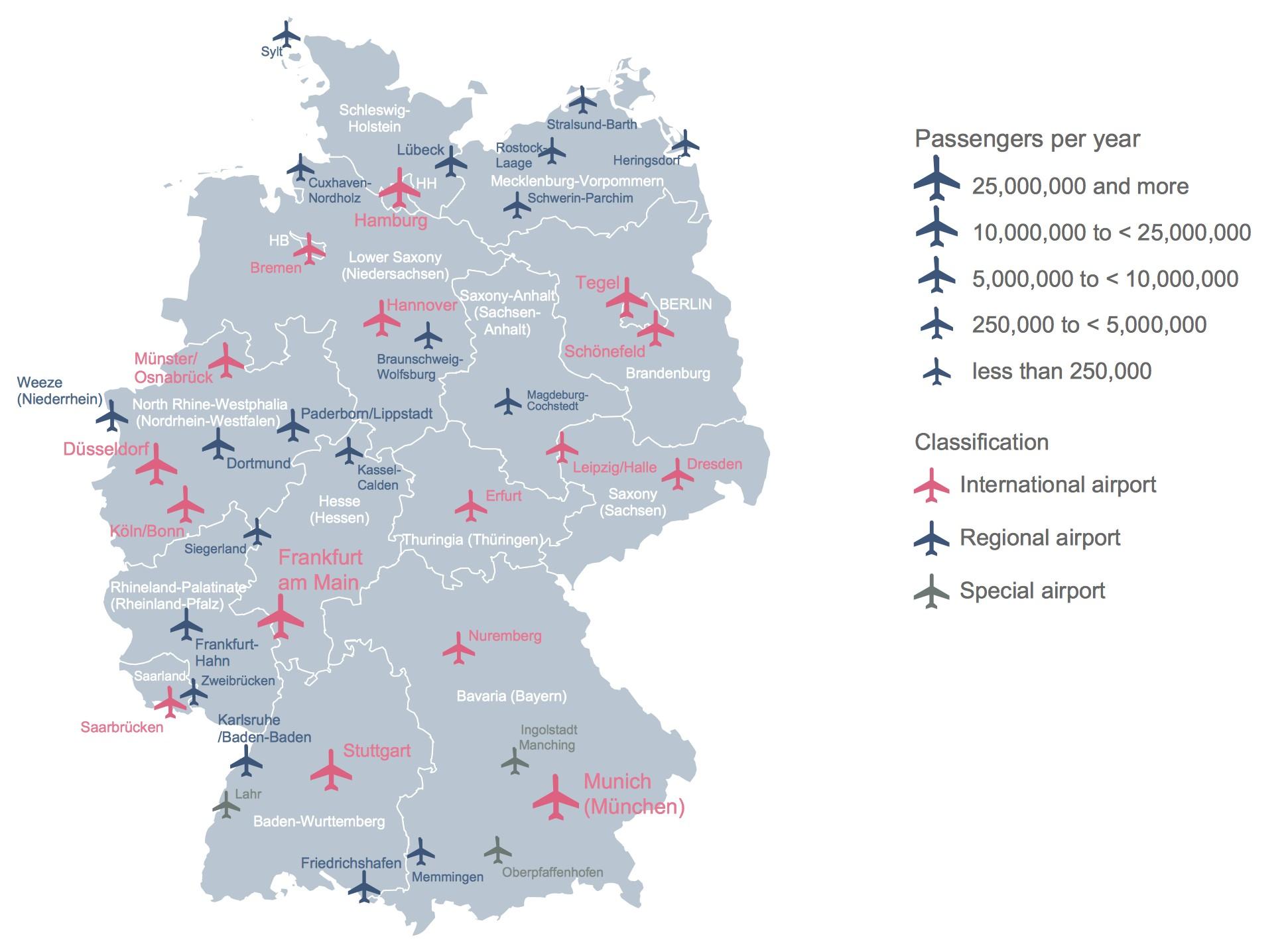 Deutschland Flughafen-Karte - Deutschland-Karte zeigt Flughäfen