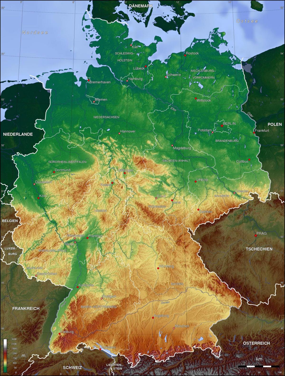 Physische Landkarte von Deutschland - deutschlandkarte physisch